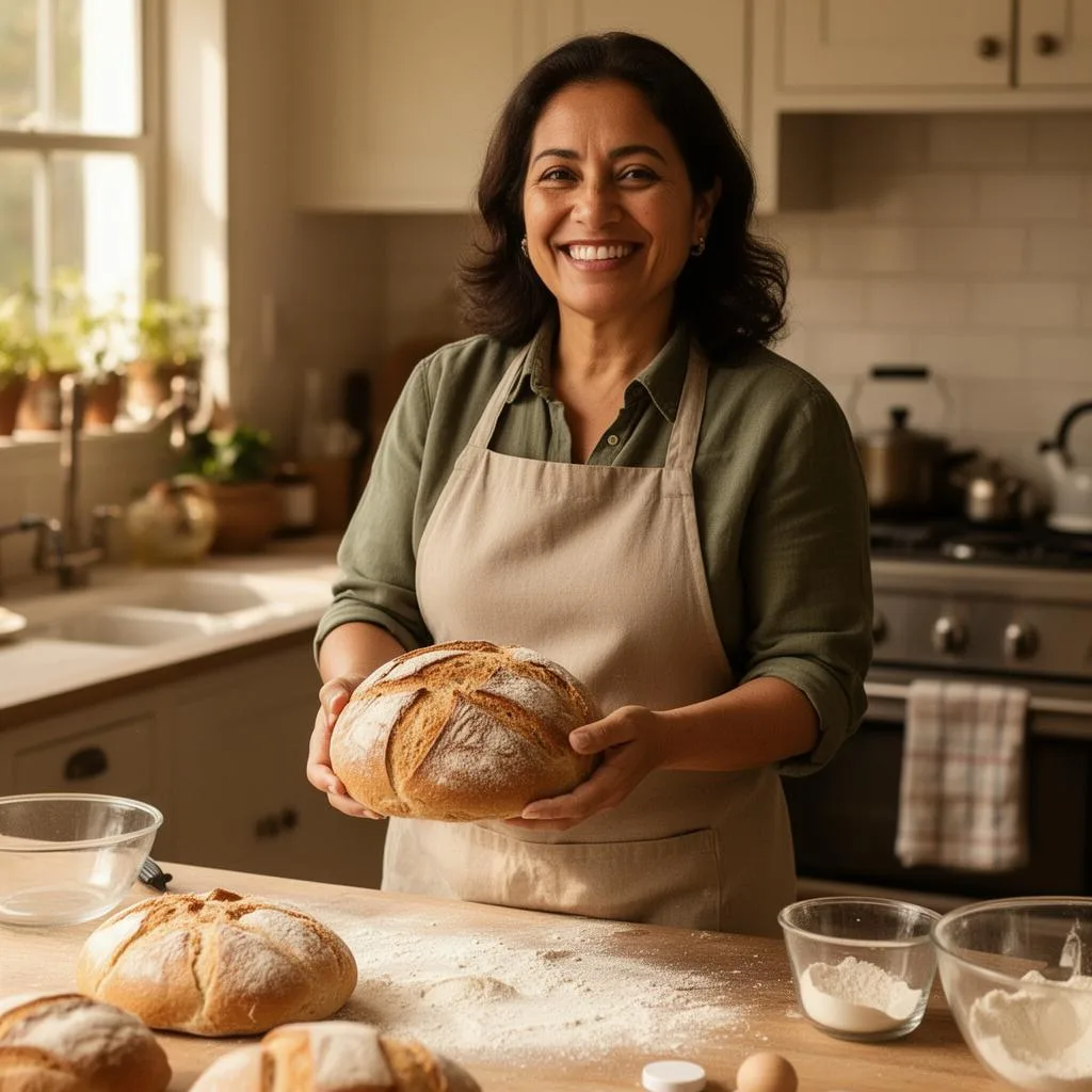 Mujer cocinando pan artesanal en su cocina